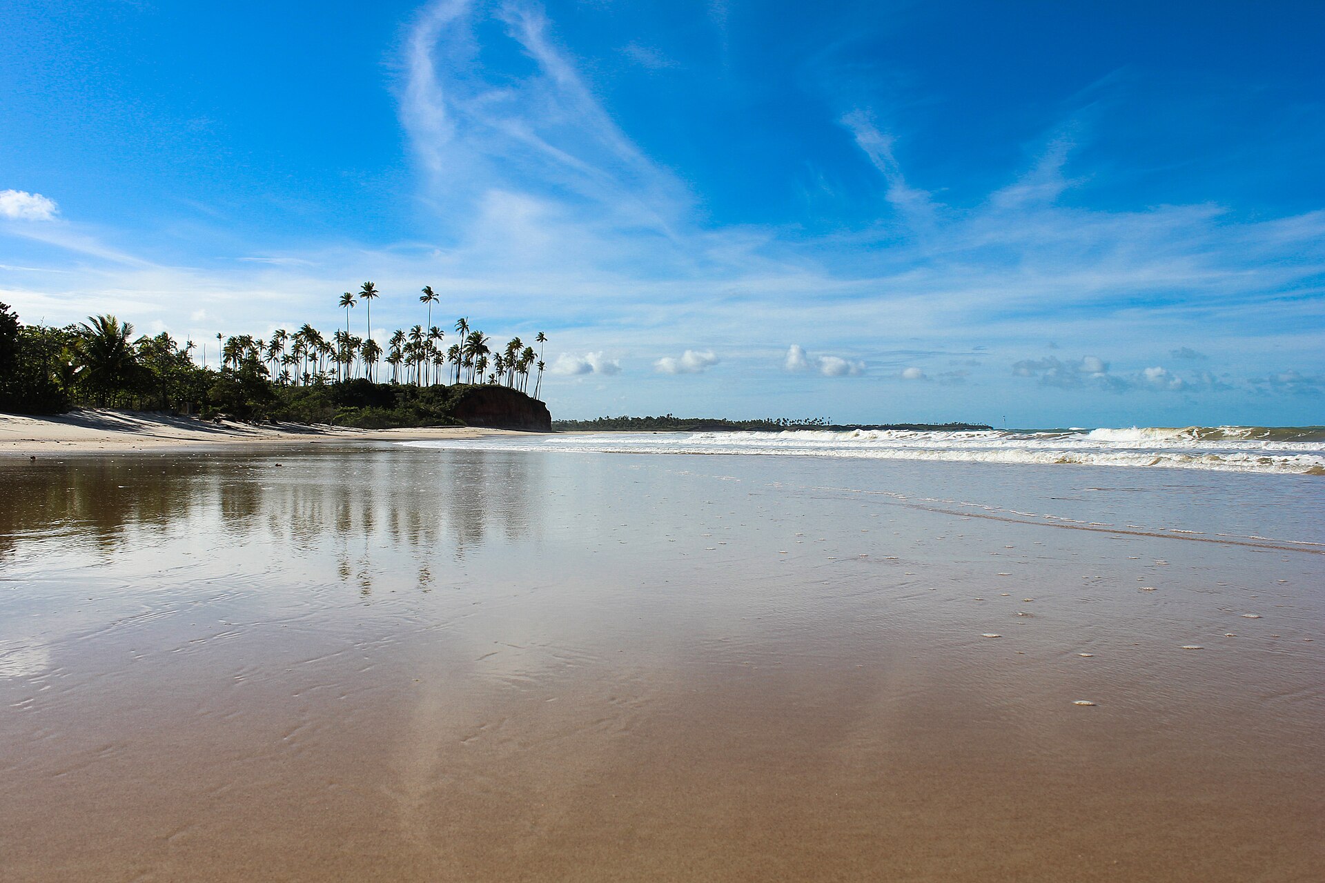 Praia de Cumuruxatiba com coqueiros, falésia e mar aberto