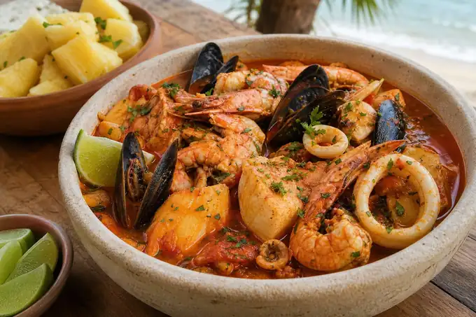 Caldeirada de frutos do mar com camarão, peixe, mexilhões e caldo vermelho