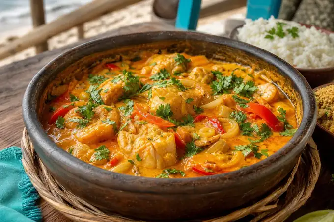 Moqueca baiana servida em panela de barro com arroz e farofa