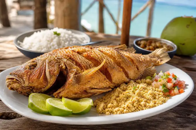 Peixe inteiro frito servido com limão, arroz, farofa e vinagrete