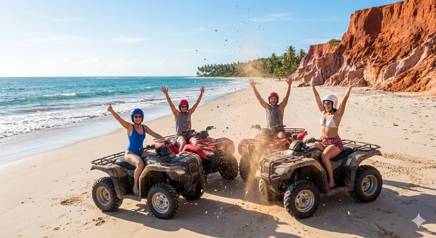 Grupo fazendo uma parada com quadriciclos diante do mar e das falésias