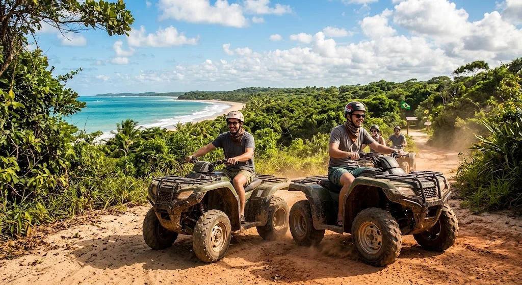 Quadriciclos em uma trilha de terra com vista panorâmica para o litoral