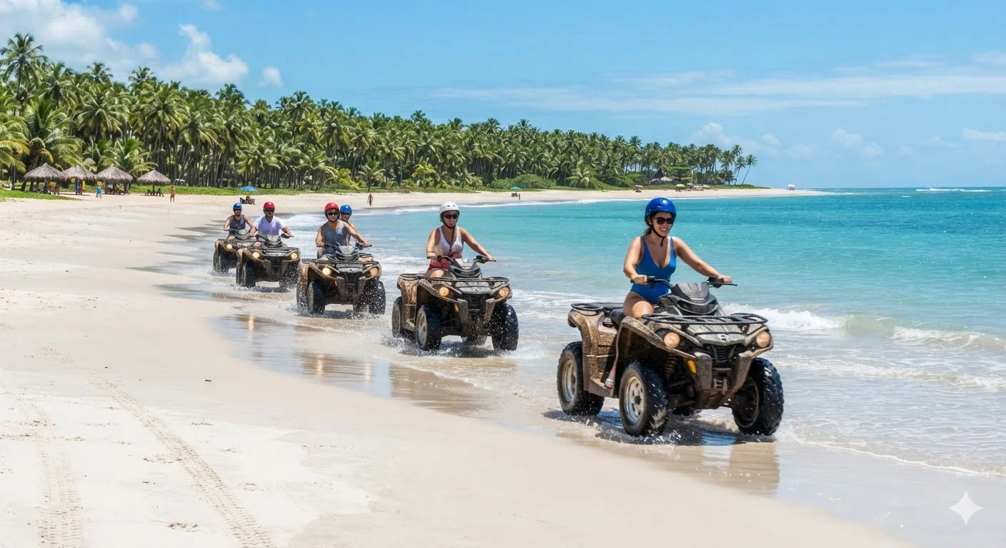 Grupo em quadriciclos durante uma experiência próxima ao litoral