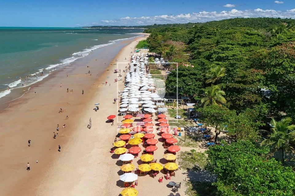 Vista aérea das barracas e da orla da Praia de Mundaí